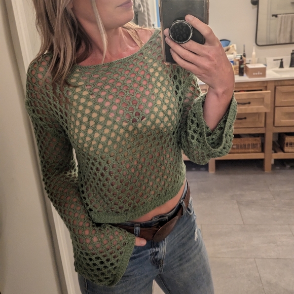 Open Knit Bell Sleeve Coverup Top - Picture 2 of 3